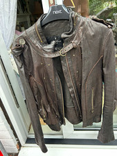 AllSaints Spitalfields Womens Brown Leather Biker Jacket Full Zip Size 14