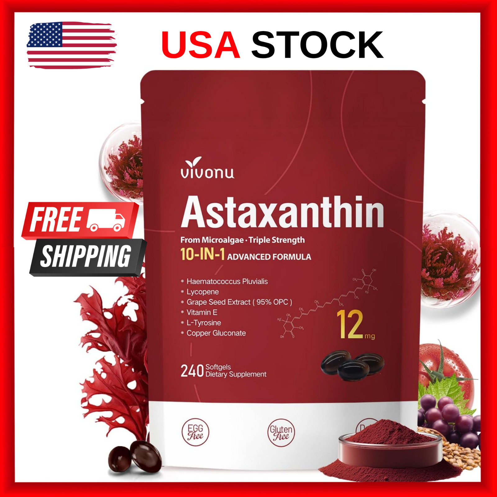 Astaxanthin 12mg 240 Softgels, 4 Month Supply,Triple Strength,Non-GMO,Eye Health