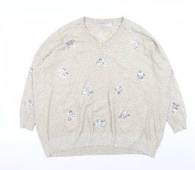Haven Relaxed Pullover Pulli Damen beige Pailletten Sterne V-Ausschnitt One Size