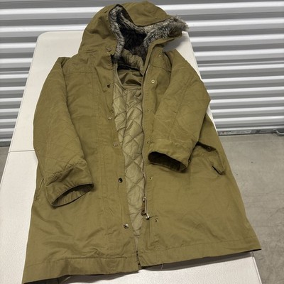 Zara Basic Quilted Parka Coat with Faux Fur Hood XS Mustard Green