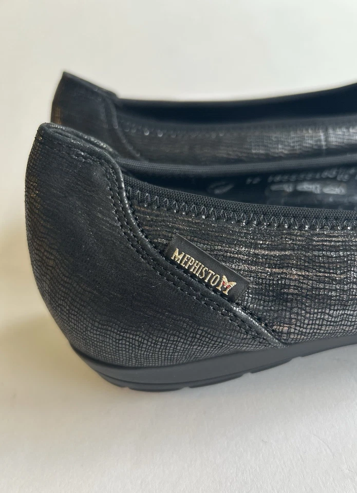 Nueva suela plana Mephisto negra bronce cuero genuino goma talla 11 Foto 3 de 4