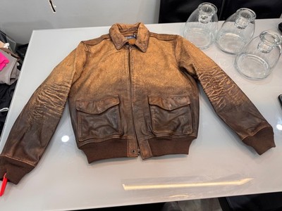 Authentic Polo Ralph Lauren HUNTER Brown Leather Bomber FLIGHT Jacket Mens LARGE