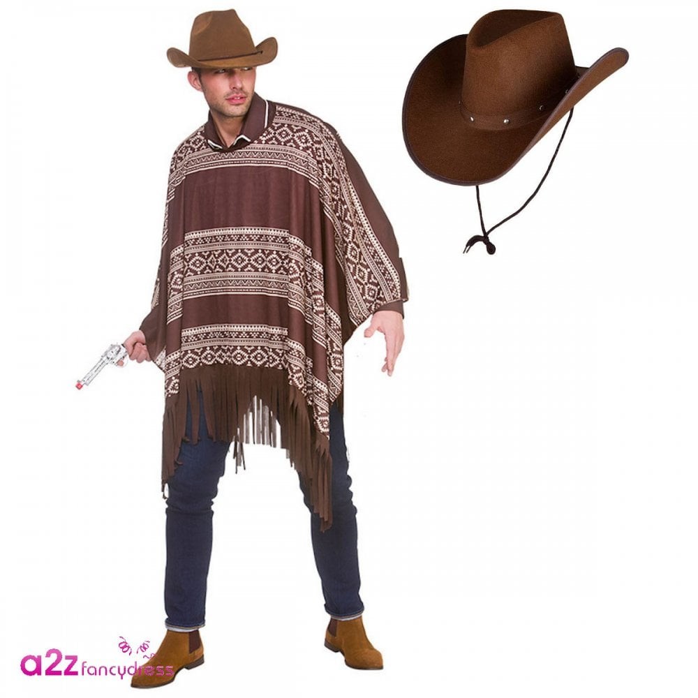 Mens Western Cowboy Poncho + Texan Dark Brown Hat Stag Party Adult Fancy Dress