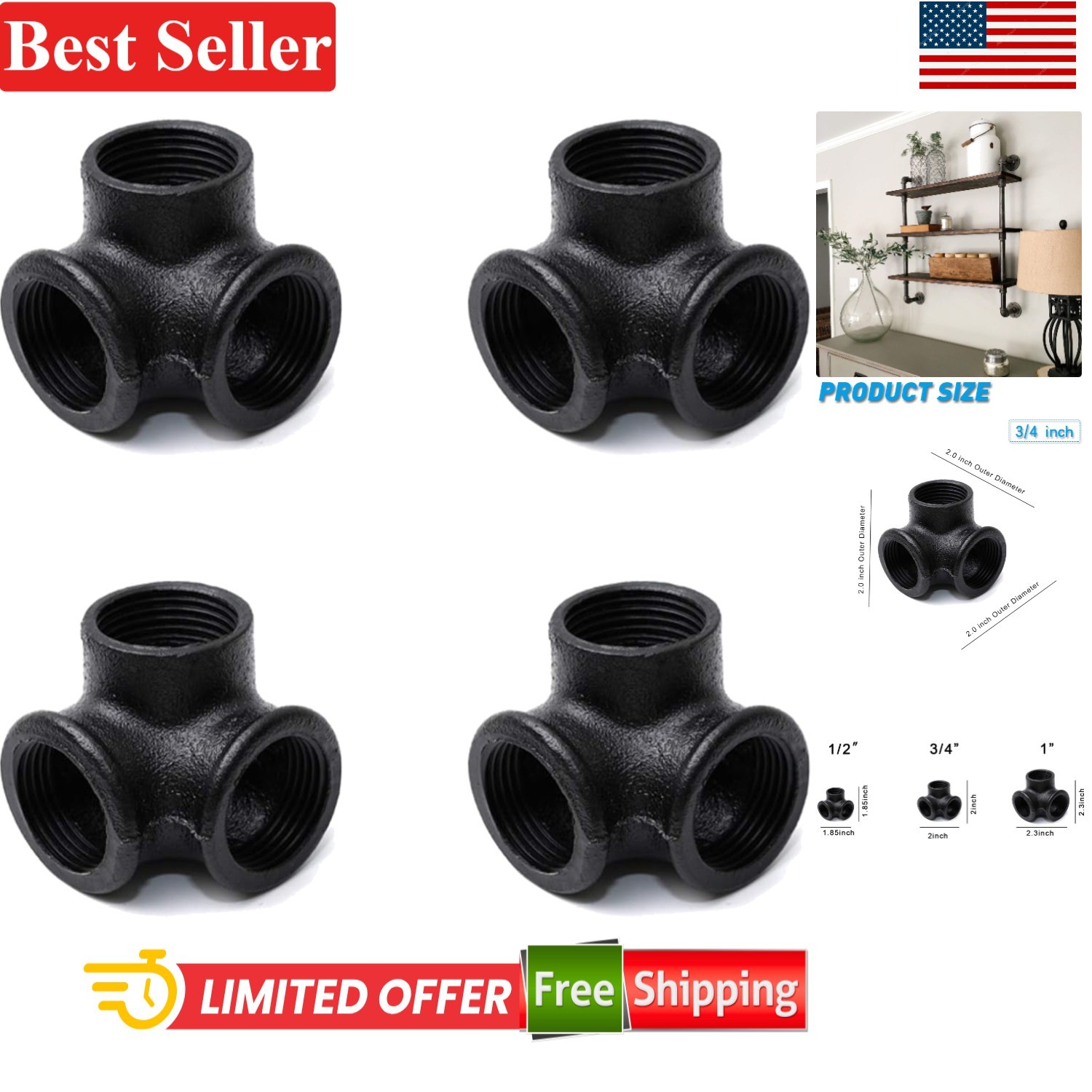 3/4 Inch Black Malleable Iron Pipe Fitting Set 4pcs 3-Way Outlet Elbow for In...