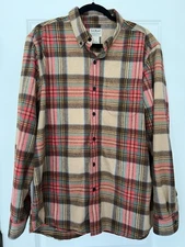 LL Bean Men’s Flannel Buttondown Tan And Red Plaid Large EUC