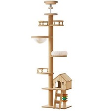 Floor to Ceiling Cat Tree, Adjustable Height Wooden Cat Tower with Cat Condo, Ac