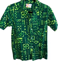 Sears Hawaiian Fashions Men's Vintage Green Tribal Tiki Print Shirt 
