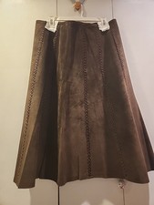 Brown Suede Leather Midi Skirt Vtg 80s A Line Western Cowgirl Prairie Farm Sz 14