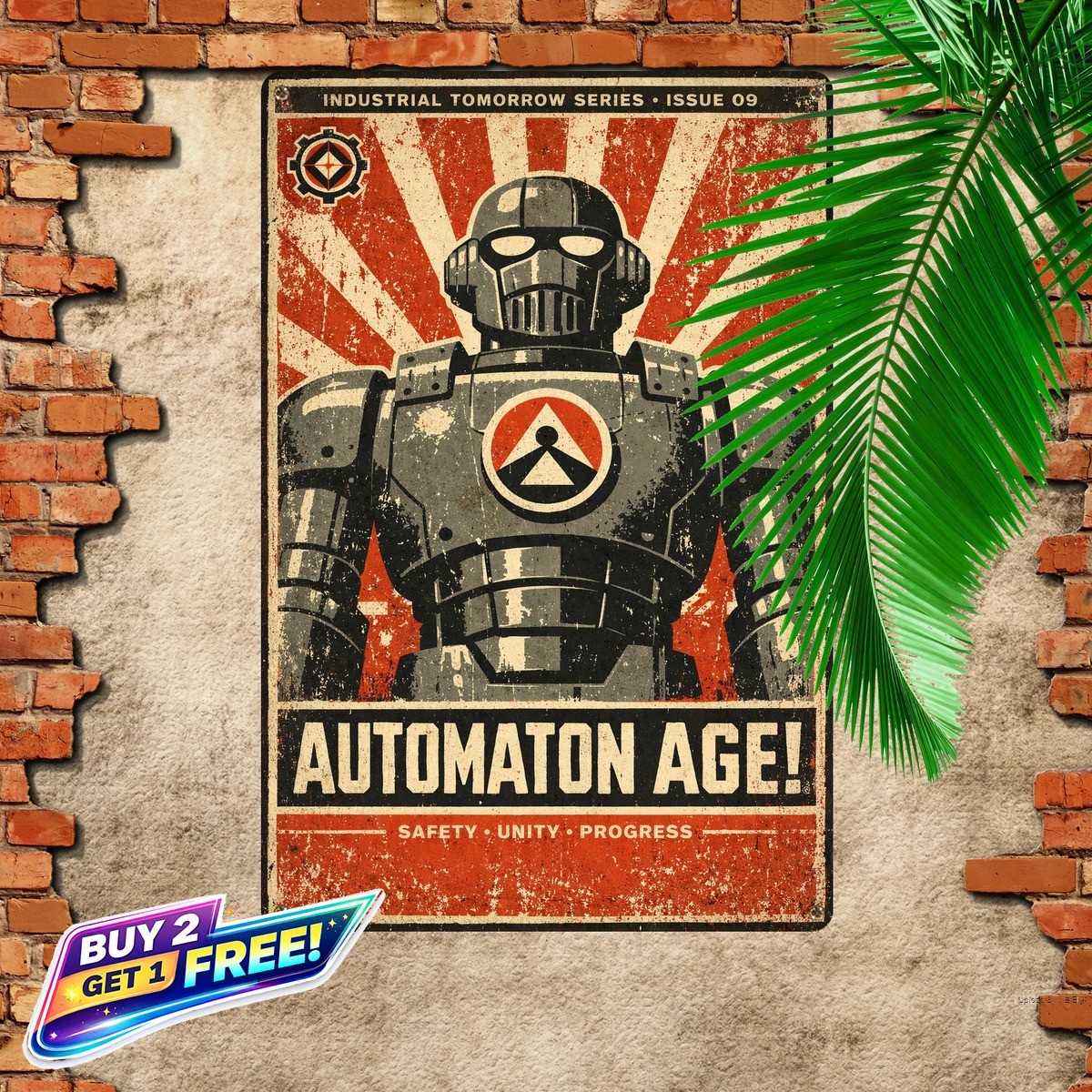 Giant Industrial Robot Retro Sci-Fi Propaganda Metal Sign