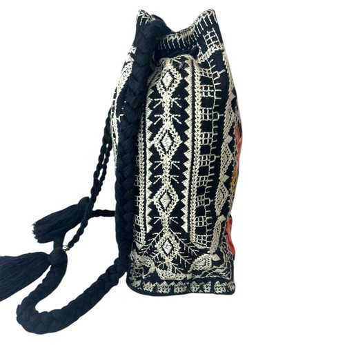Johnny Was Los Angeles schwarz Leinen bestickt Blumen Kordelzug Eimer Handtasche - Bild 3 von 21