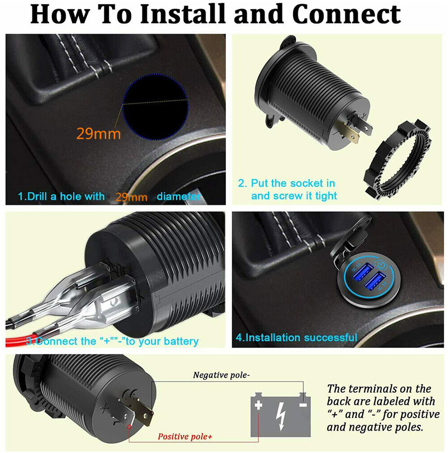 QC3.0 Dual USB Car Fast Charger Cigarette Lighter Socket Power Outlet Waterproof