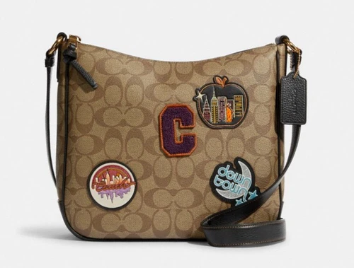 Borsa Coach Ellie File C1648 nuova con etichette toppe discoteca New York pelle oro cachi multi