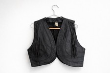 Vintage Black Leather Fringe Vest Western Biker Motorcycle Vest Size 44 Women M