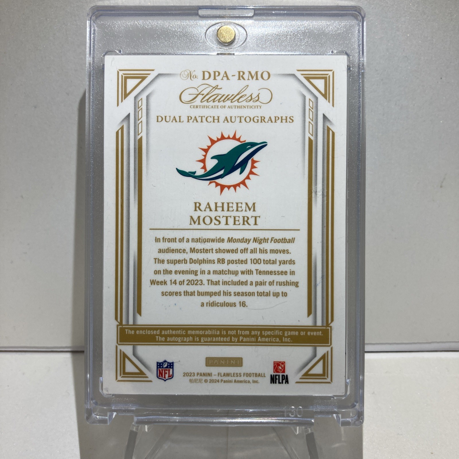 2023 Panini Flawless Raheem Mostert Auto /15 Ruby Dual Patch Autographs Miami view 4