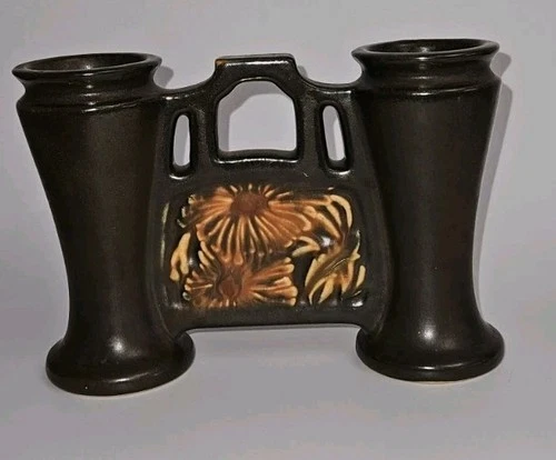 Roseville Rosecraft Panel Brown Double Bud Vase Vintage Rare