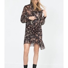 Zara Woman Floral Tie Neck Mini Dress Dark Brown Long Sleeve Boho Small