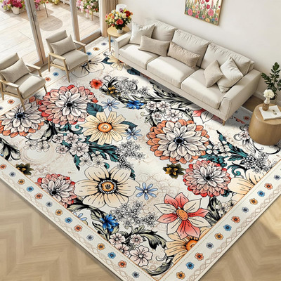 Boho Floral Washable Area Rug 8x10 - Soft Non-Slip Beige Carpet for Home