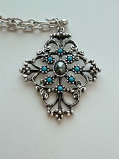 Artisan Southwestern Statement Pendant Necklace Silver Tone Faux Turquoise Stone