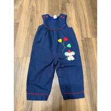 Vintage Elephant Embroidered Jumpsuit Baby 12 Months Navy Blue Heart Buttons