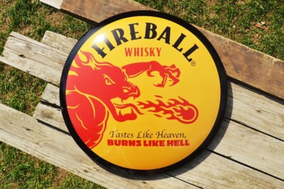 Fireball Whisky Domed Button Tin Metal Sign - Tastes Like Heaven - Whiskey
