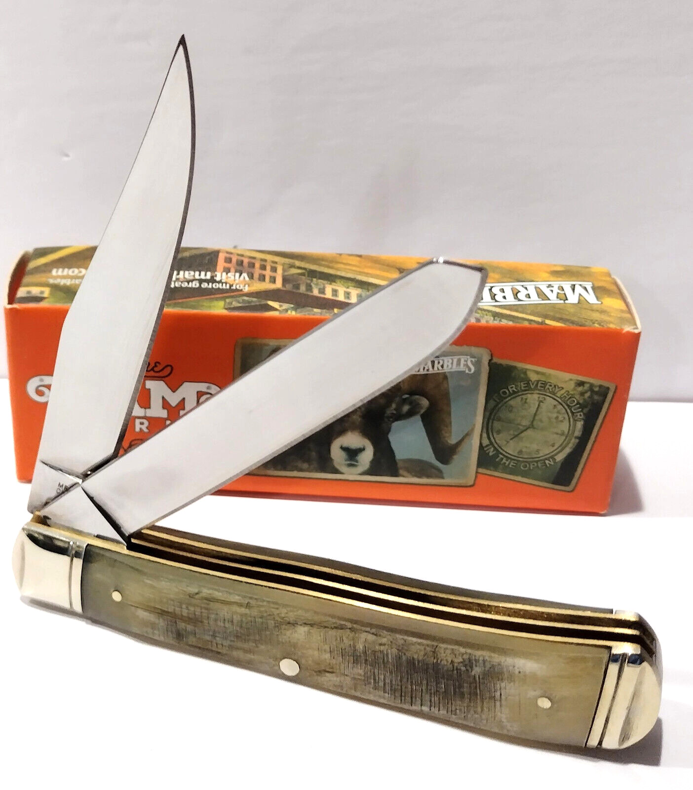 Marble's Genuine Rams Horn Handles 2 Blade Trapper Folding Pocket Knife MR358