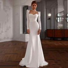 Simple Satin Mermaid Wedding Dresses Long Sleeve Backless Beach Bridal Gowns New