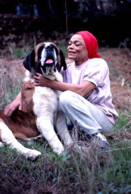 Eartha Kitt hugs her St Bernard dog in the garden of her Beverly H - Old Photo