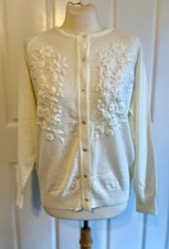 Vintage 1970s White Acrylic Grandma Cardigan Sweater Embroidered Flowers 38 L