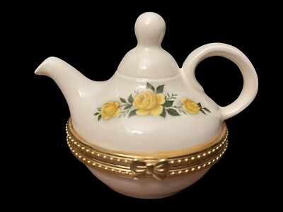 Vintage Unique Yellow Roses Teapot Trinket Box Gold Trim Hard To Find EUC