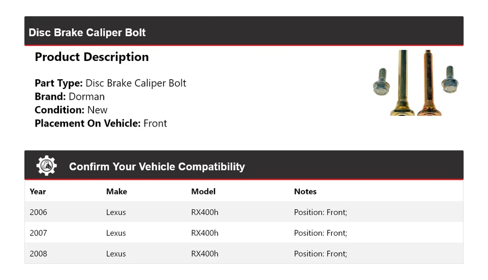 For 2006-2008 Lexus RX400h Dorman Disc Brake Caliper Bolt Front 2007 - Image 2 of 4