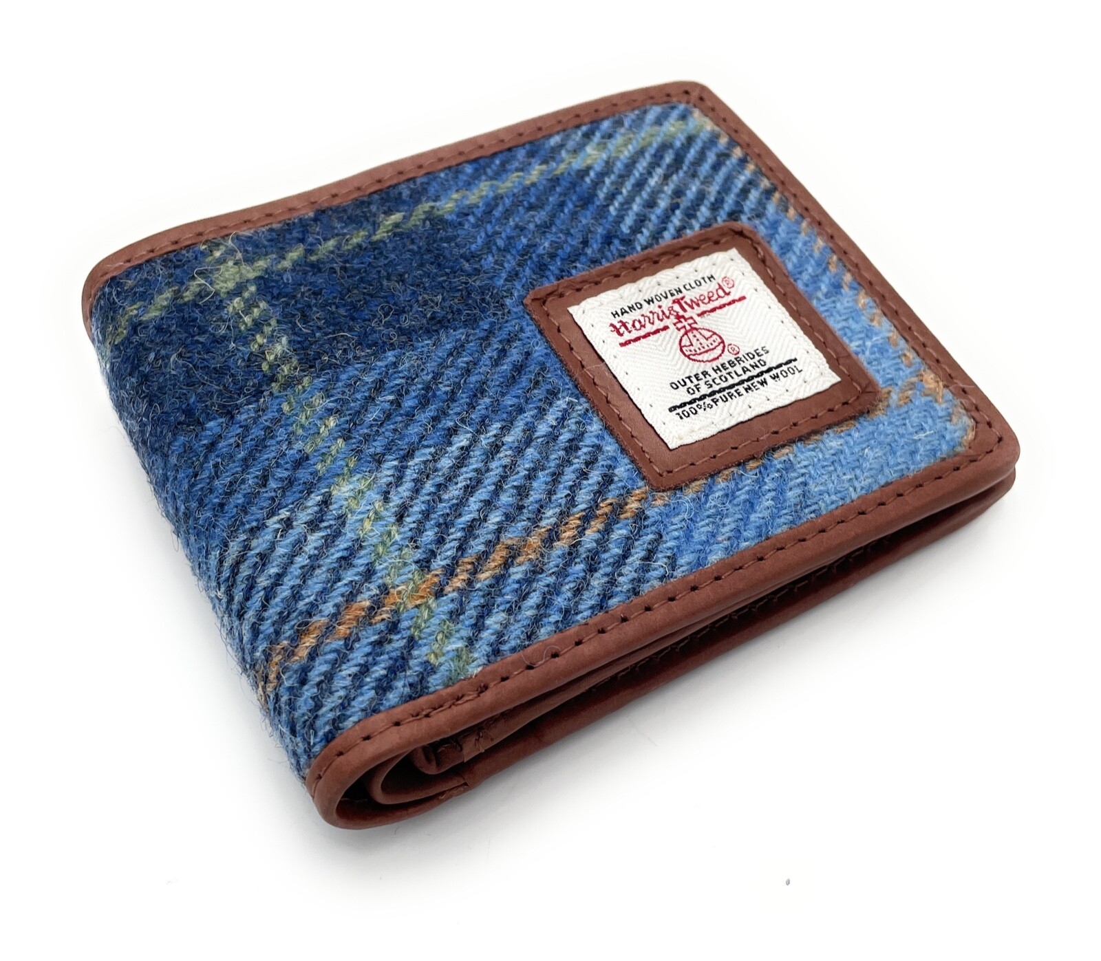 Men's Harris Tweed Trifold Wallet Purse Blue Check Real Leather