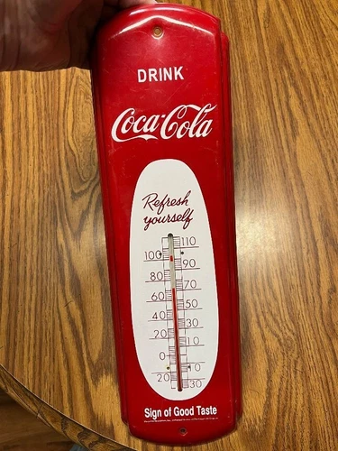 Vintage Drink Coca Cola Red Metal Advertising Thermometer Sign REFRESH YOURSELF