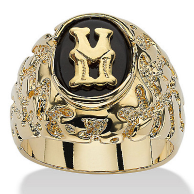 14K GOLD ONYX LETTER M INITIAL NUGGET RING SIZE GP 8 9 10 11 12 13
