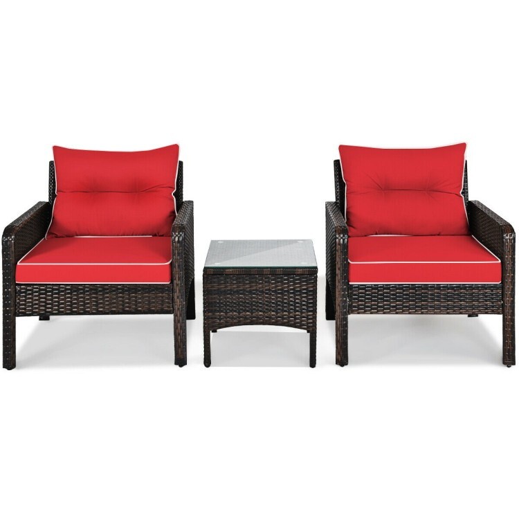 3 Pcs Outdoor Patio Rattan Conversation Set Garden Furniture Cushioned Sofa Red