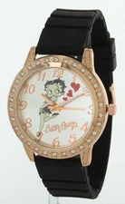 Betty Boop Watch Women Rose Gold Black Silicon Band Stone Bazel Easy To Read