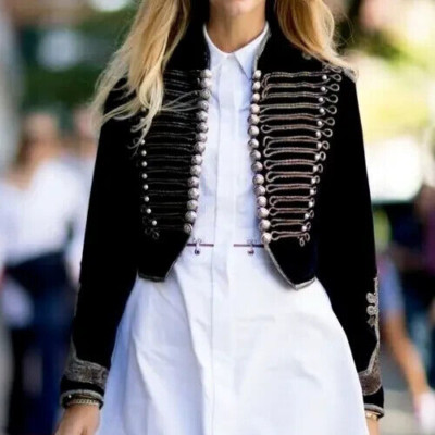 New Black Ladies Napoleon Hussar With Antique Braiding Wool Jacket
