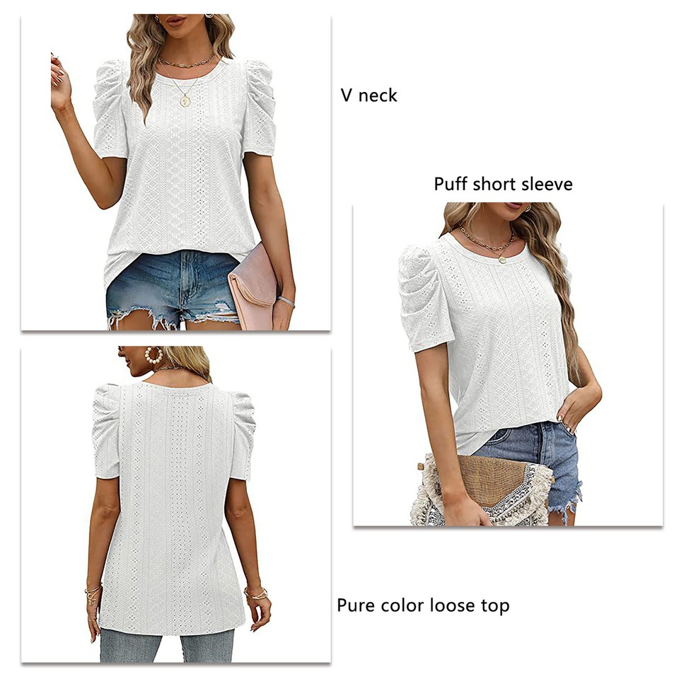 Puff Sleeve Blouse Round Collar Short Sleeved Pure Color Loose Tunic