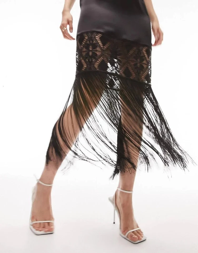 Topshop Vestido Midi Un Hombro Negro Satén Flecos Borde Cóctel Aleta 8 NUEVO Foto 3 de 4