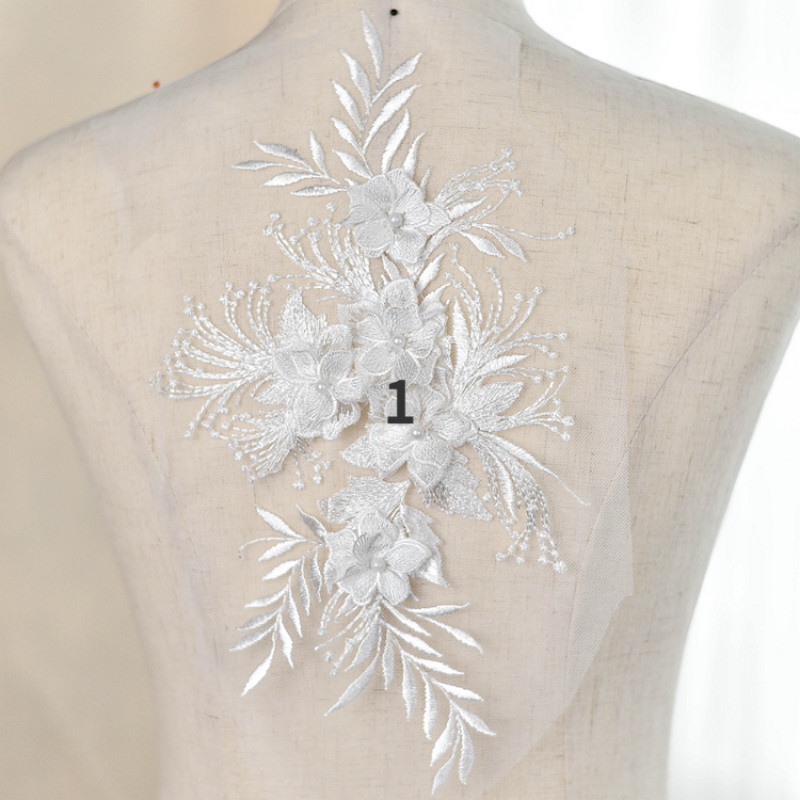 1X Embroidery Floral Patch Applique Beads Mesh Sew on Material for Wedding Dress