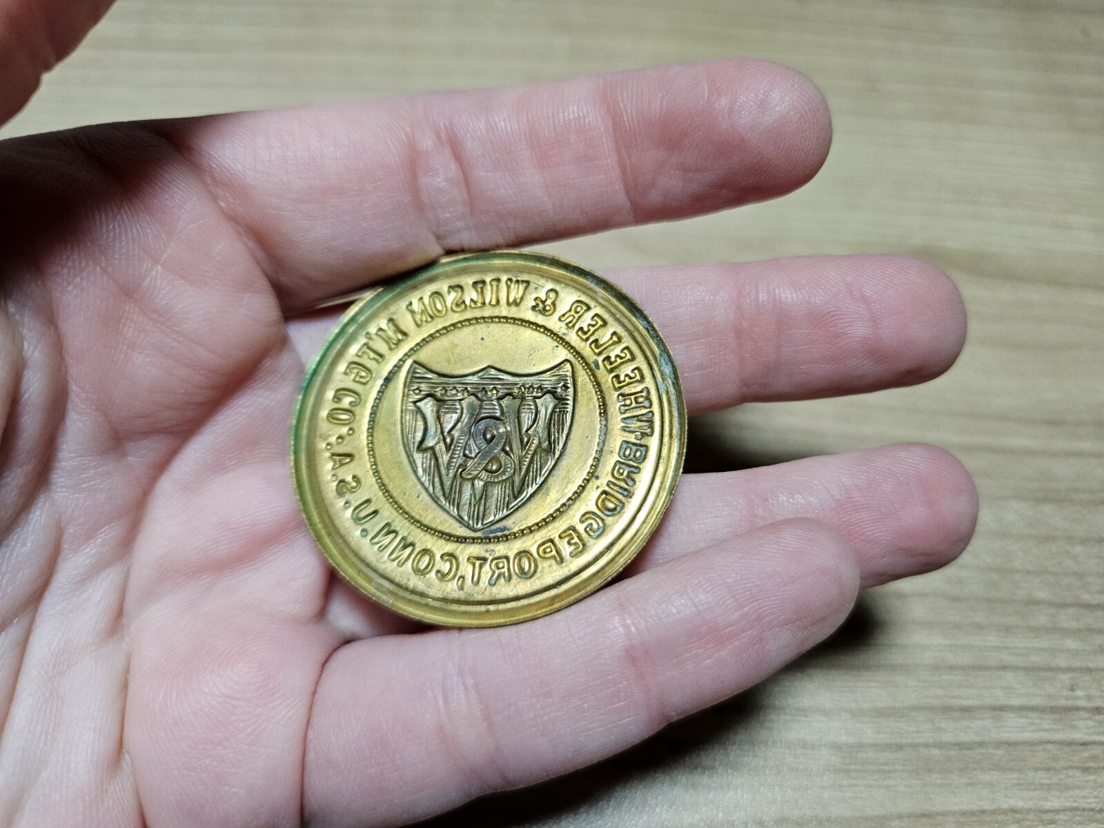 Vintage Wheeler & Wilson Mfg Co Bridgeport CT Sewing Machines Brass? Emblem