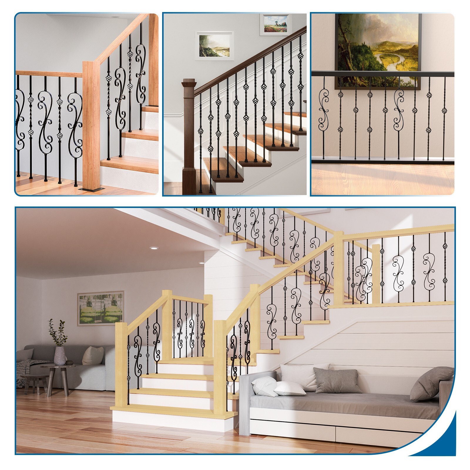 Muzata 10p 44'' Wrought Iron Balusters Black Double Basket Twist Hollow ...