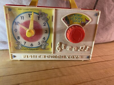 Vintage Fisher Price Music Box Clock Radio HICKORY DICKORY DOCK 1964 #107 Works!