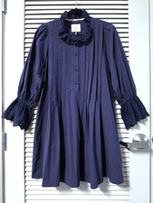 3/4 navy pintuck button down eyelet ruffle dress M