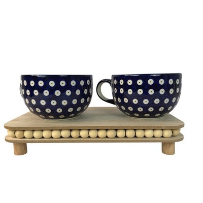 Polish Pottery Coffee Latte Soup Mugs Cups Blue Peacock Eye Stoneware Set 2