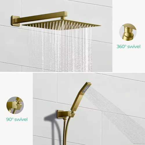 12 In. 2-Jet High-Pressure Rainfall Bathroom Shower System in Matte Gold with Sq - Picture 9 of 12