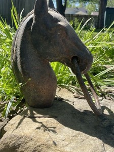 Antique Brown Cast Iron Salvage Hitching Post Horse Heads Architectural Column