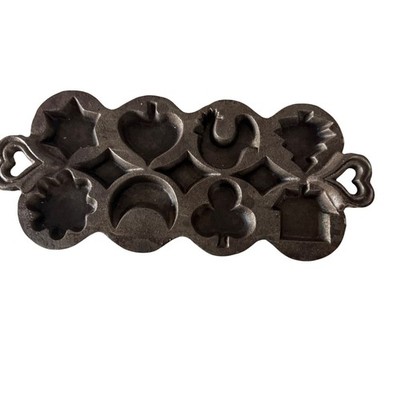 Vintage Cast Iron Novelty Muffin Pan 8 Shapes Heart Star Rooster Moon Kitchen