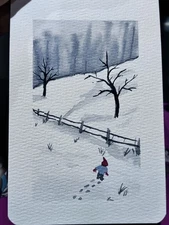 Aceo ORIGINAL child in the snow watercolor painting