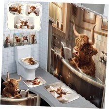 8 Pcs Highland Cattle Shower Curtain Sets for Bathroom Funny Highland Cattle