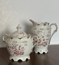 Antikes Porzellan-Set: Zuckerdose & Milchkännchen Floral & Goldrand Handbemalt